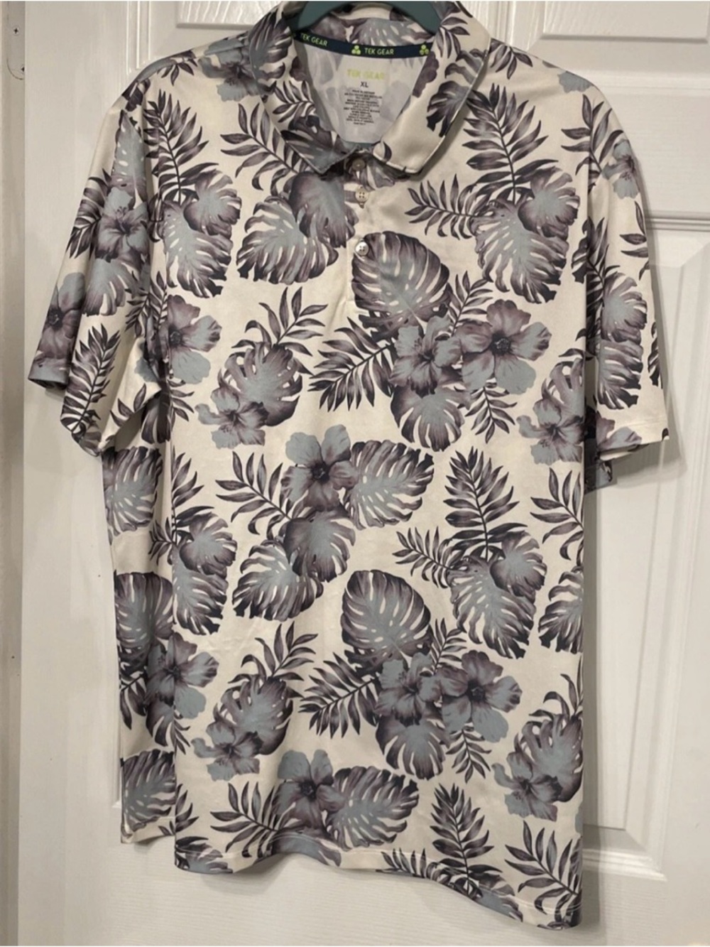 Tek Gear Mens XL Polo Collared Poly S/S Hibiscus Palm Leaves Print Cream Blue